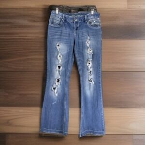 Ariya Jeans Distressed Flap Pockets Bootcut Denim Blue  11/12 32x30" Whiskered‎